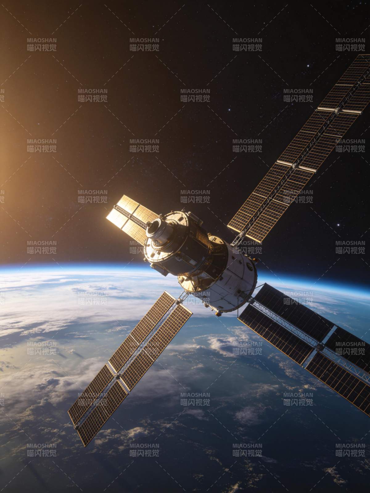 空间站悬浮地球轨道上方太阳光照耀图片