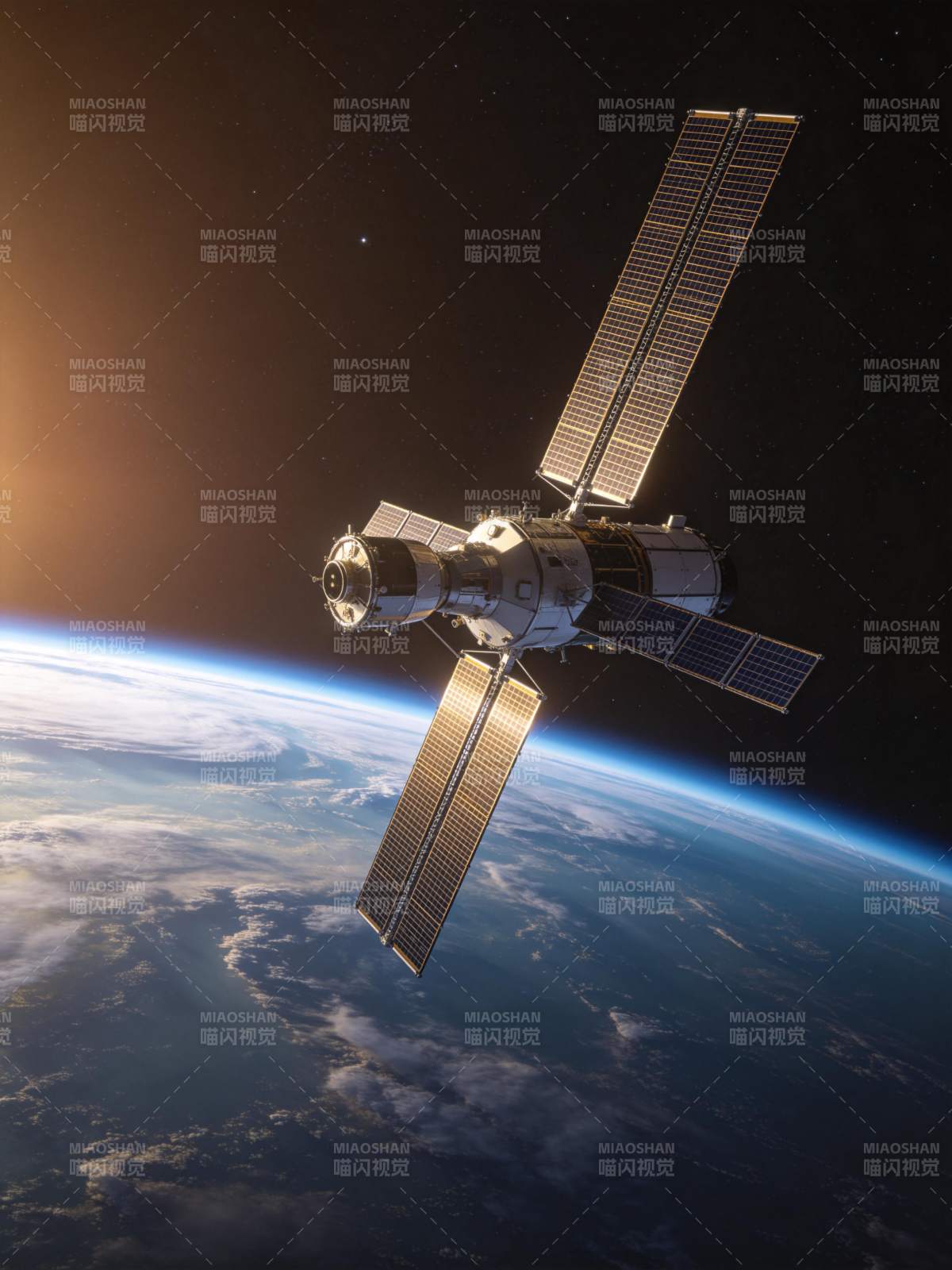 空间站悬浮地球轨道上方太阳光照耀图片