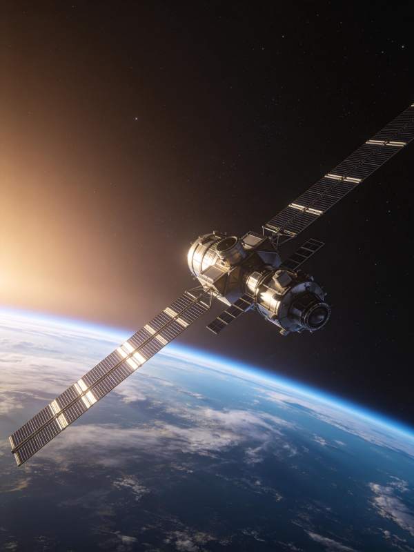 人造卫星在地球轨道上运行的太空景象图片