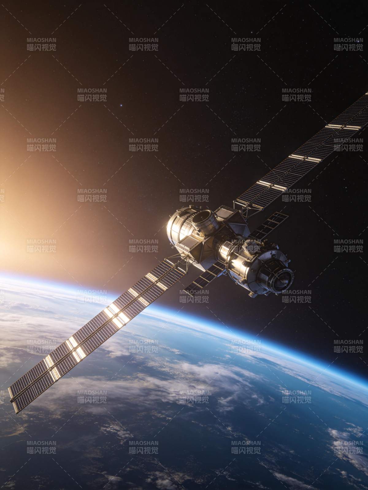 人造卫星在地球轨道上运行的太空景象图片