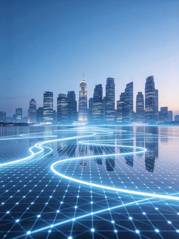 蓝色光网覆盖水面映照现代城市天际线图片