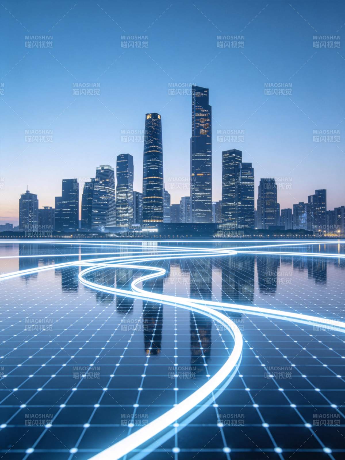 城市天际线与发光网格地面构成的未来科技场图片