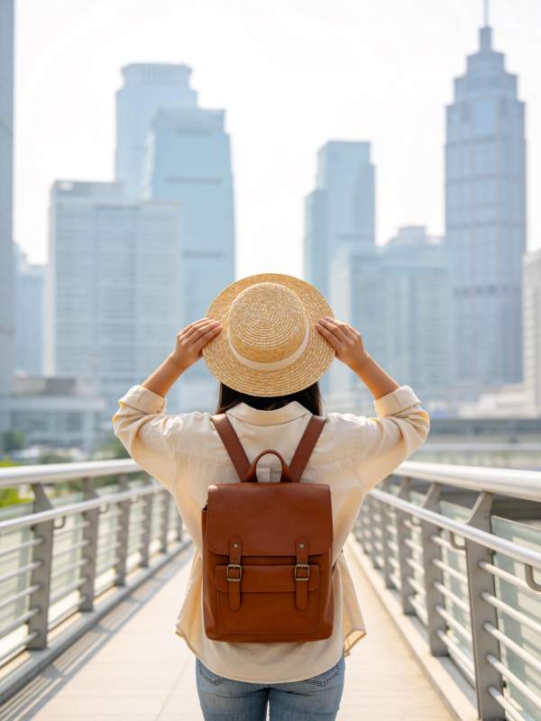 女子背背包戴草帽站在城市天桥远望高楼图片