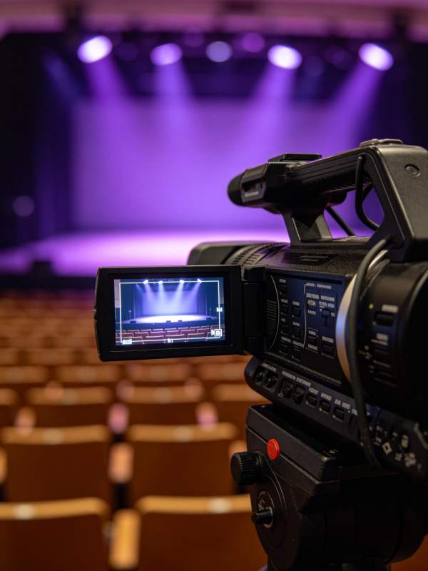 专业摄像机对准空舞台的拍摄现场图片