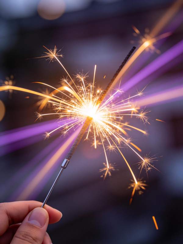 手持点燃的烟花棒发出耀眼火花图片