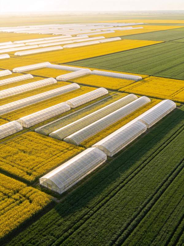 航拍农田中整齐排列的温室大棚与油菜花田图片