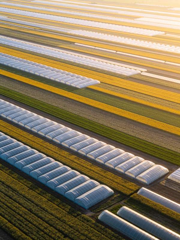 整齐排列的农业温室大棚与彩色作物田图片