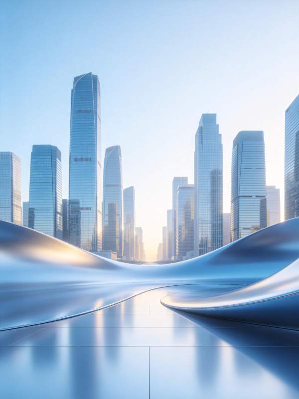 现代城市高楼林立与流线型金属地面景观图片