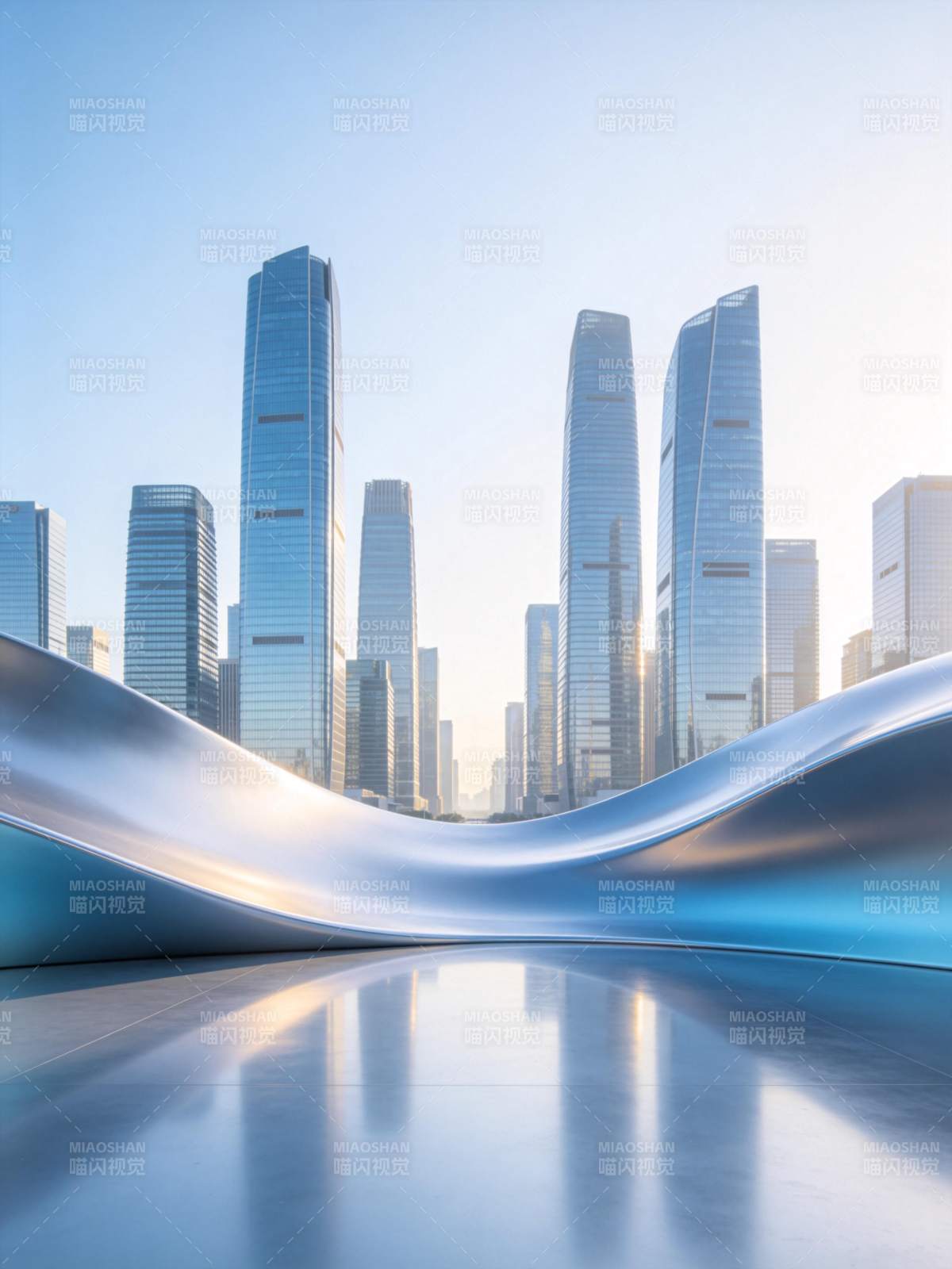 现代城市高楼群与流线型金属结构前景图片