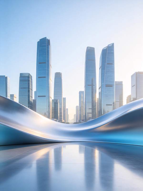 现代城市高楼群与流线型金属结构前景图片