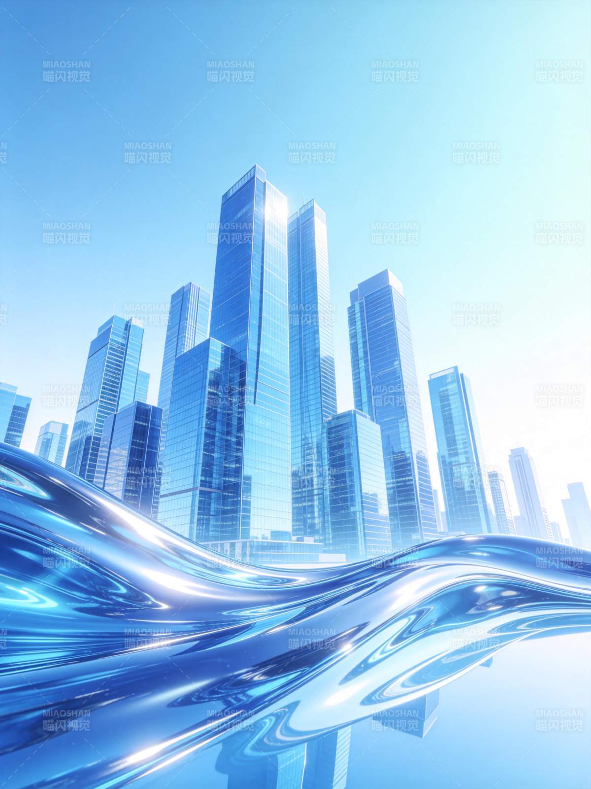 蓝色波浪前景与现代摩天大楼群构成的城市景图片