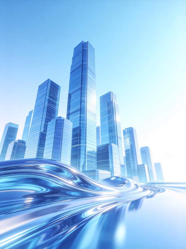 蓝色流体前景与现代玻璃幕墙高楼群图片