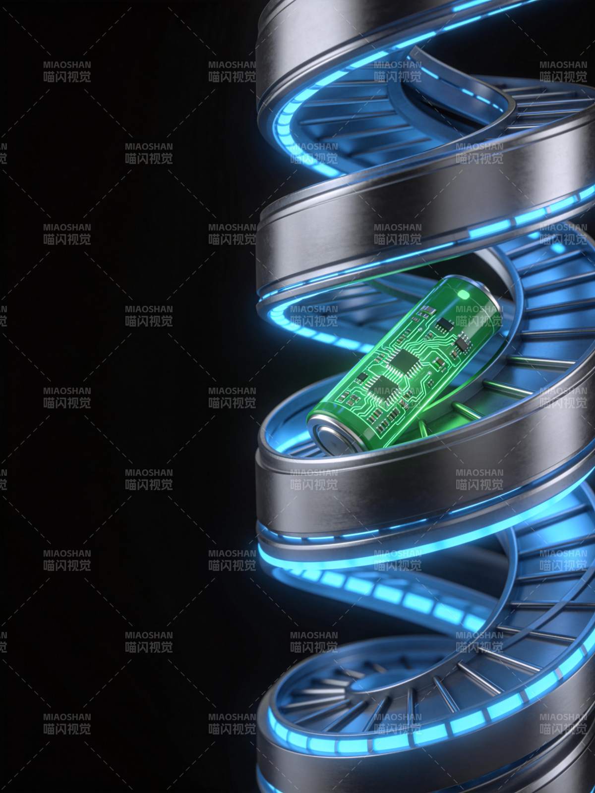 螺旋金属通道中的绿色电路电池装置图片