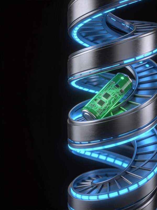 螺旋金属通道中的绿色电路电池装置图片