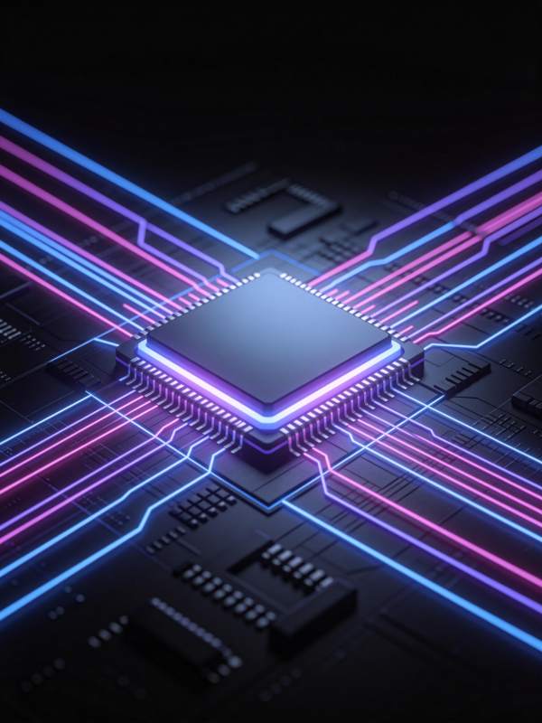 发光集成电路芯片与彩色导线连接特写图片