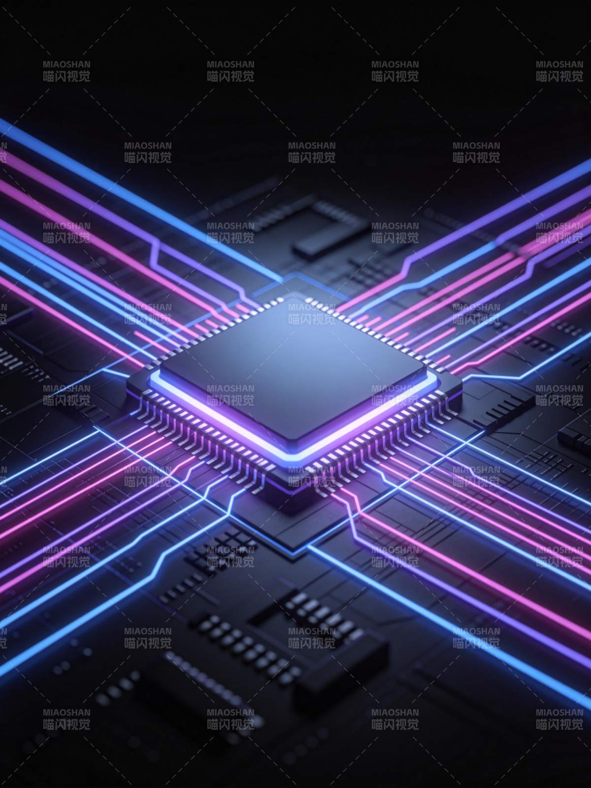 发光集成电路芯片与彩色导线连接特写图片