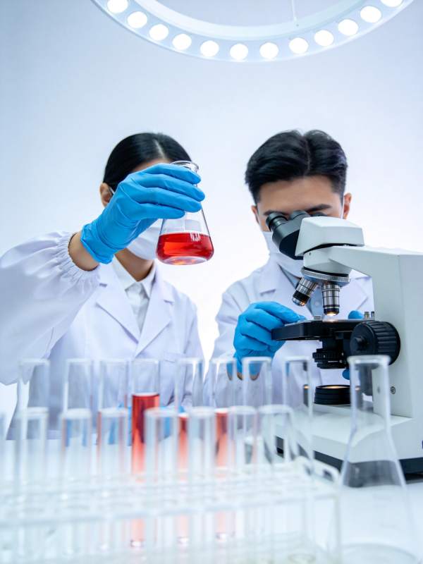 实验室科研人员进行化学实验与显微观察图片