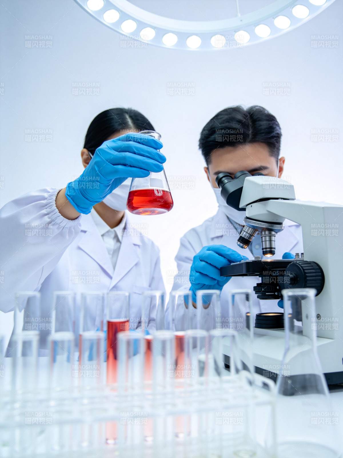 实验室科研人员进行化学实验与显微观察图片