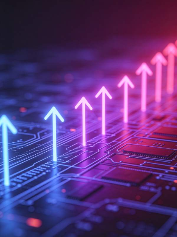 电路板上发光箭头指示数据流向趋势图片