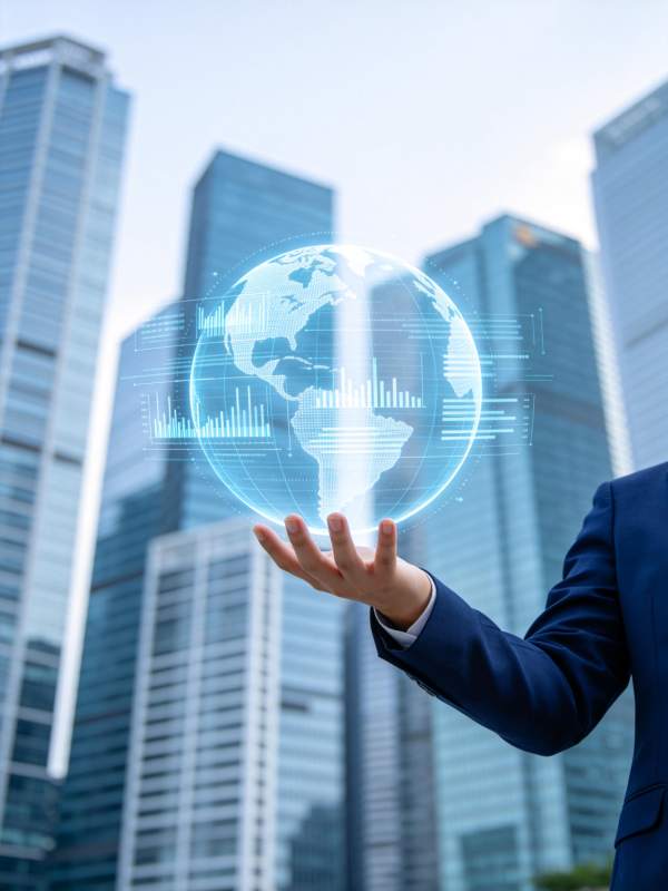 商务人士托举全息地球与数据图表图片