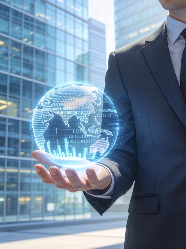 商务人士托举全息地球数据模型图片