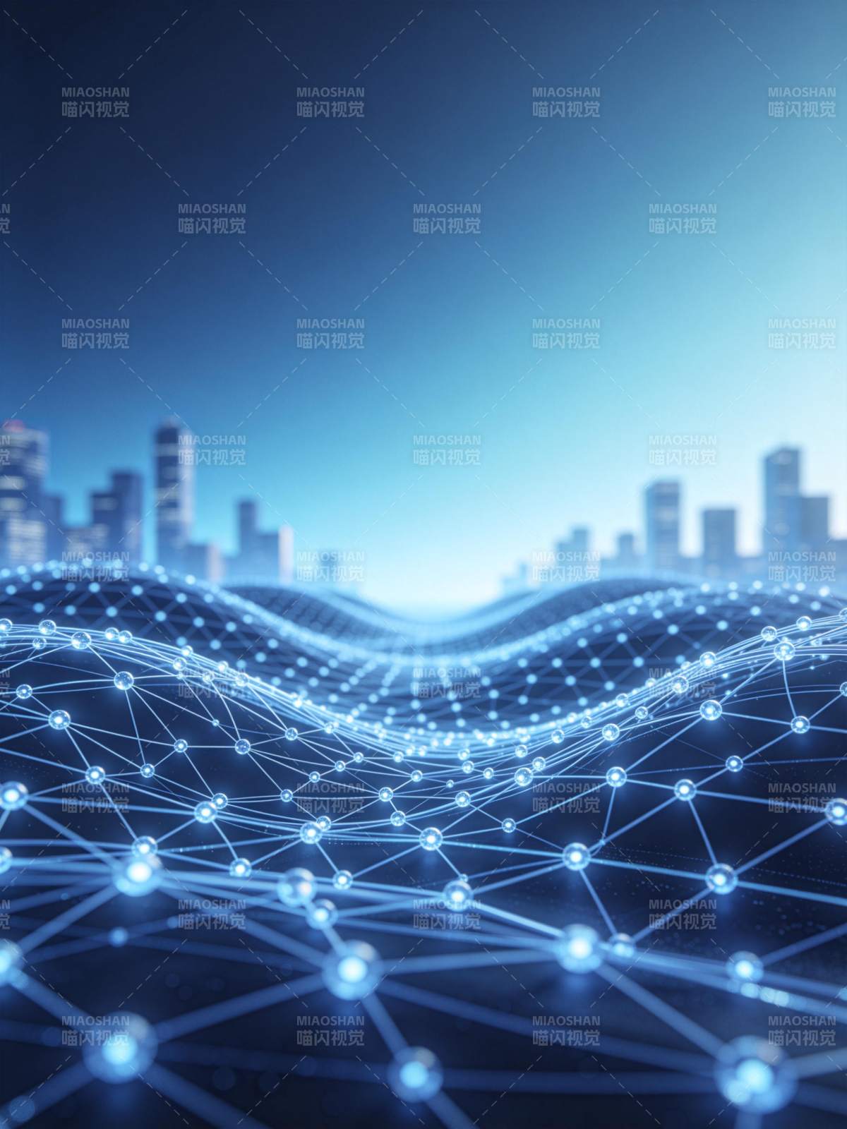 蓝色网络连接波浪覆盖城市天际线背景图片