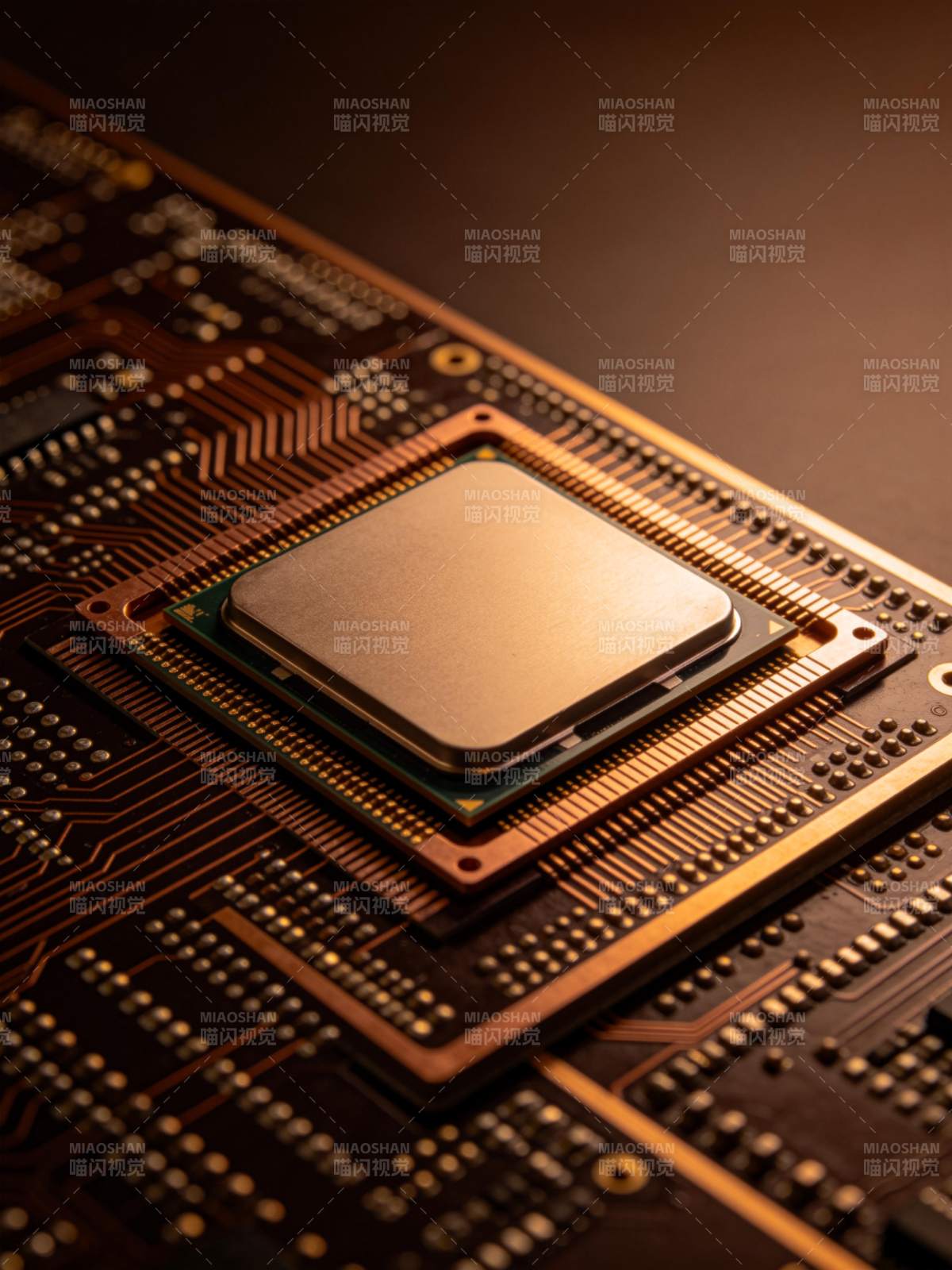金色光线下中央处理器安装于电路板特写图片