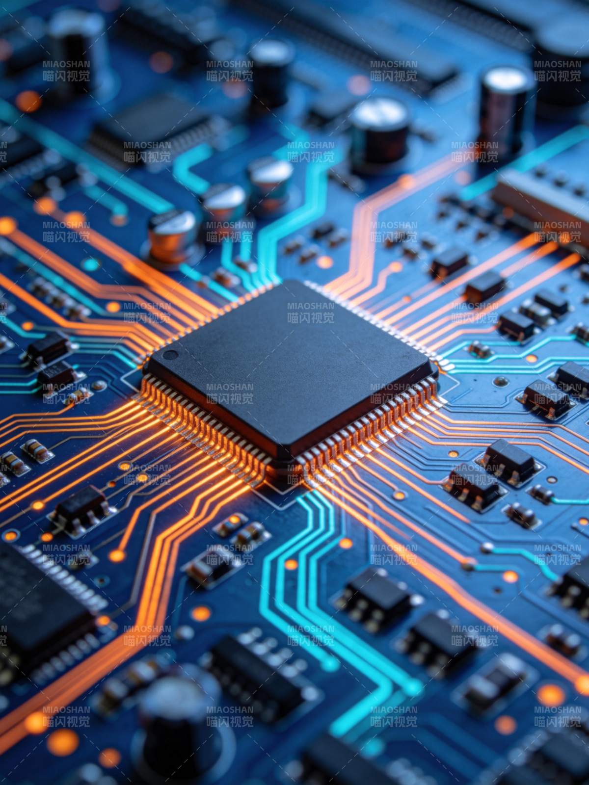 蓝色电路板上发光芯片与彩色线路特写图片