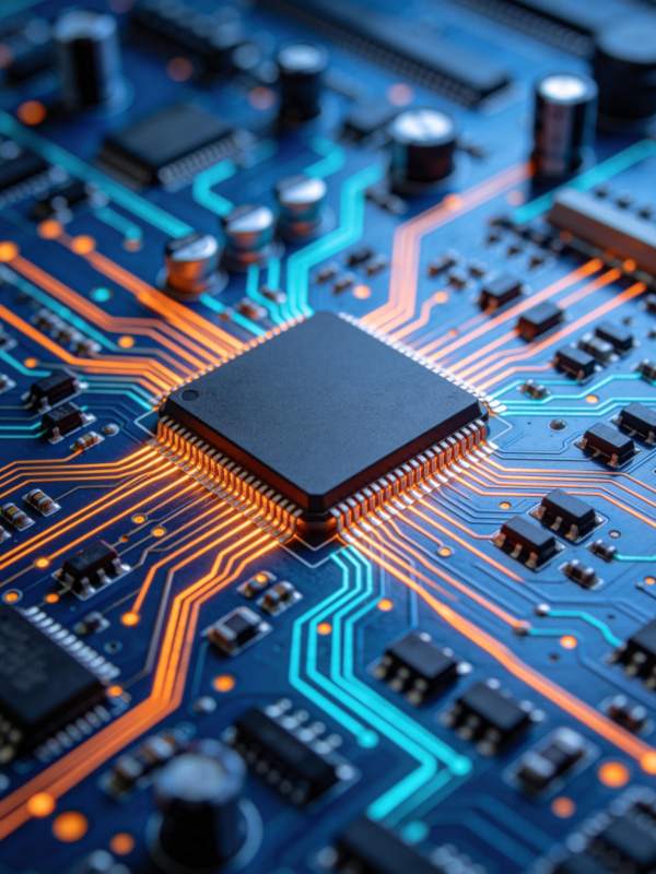 蓝色电路板上发光芯片与彩色线路特写图片