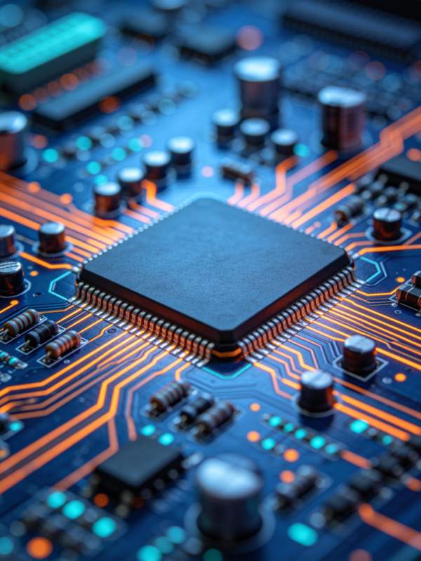 蓝色电路板上发光的中央处理器芯片特写图片