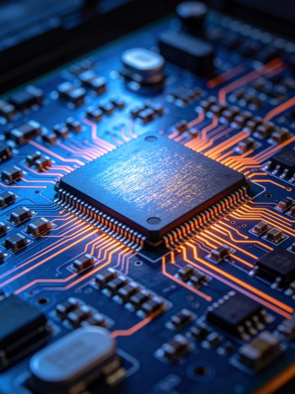 蓝色电路板上发光芯片与电子元件特写图片