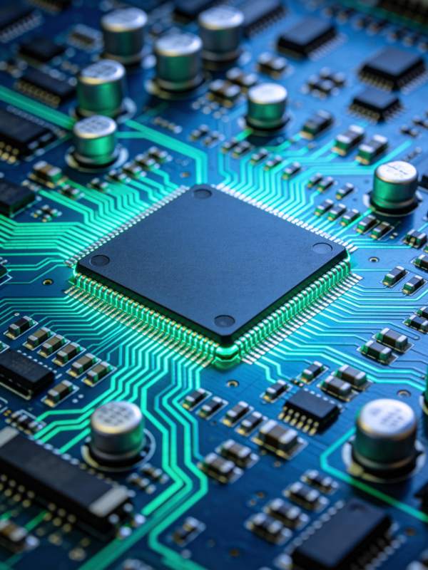 蓝色电路板上绿色线路环绕黑色芯片特写图片
