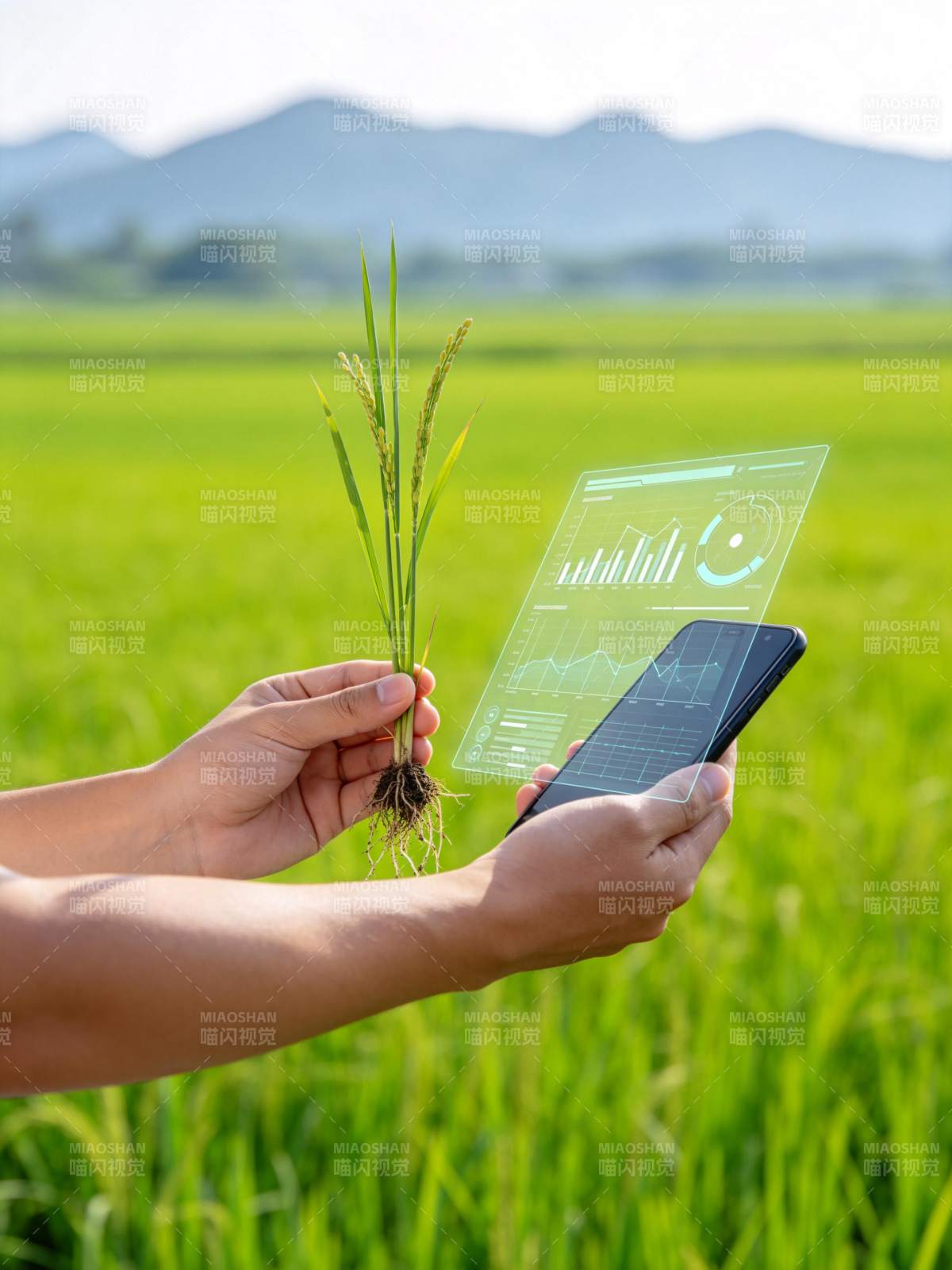 手持稻苗与手机显示农业数据图表图片