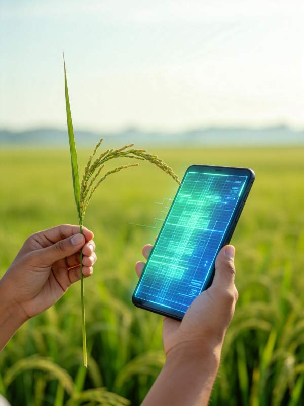 手持稻穗与显示数据界面的智能手机图片
