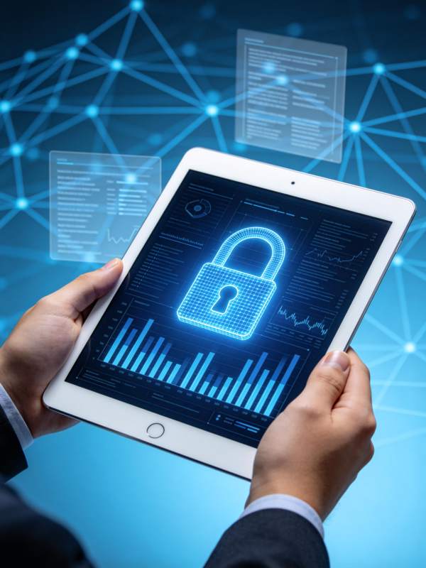 手持平板显示蓝色数字锁与数据图表界面图片