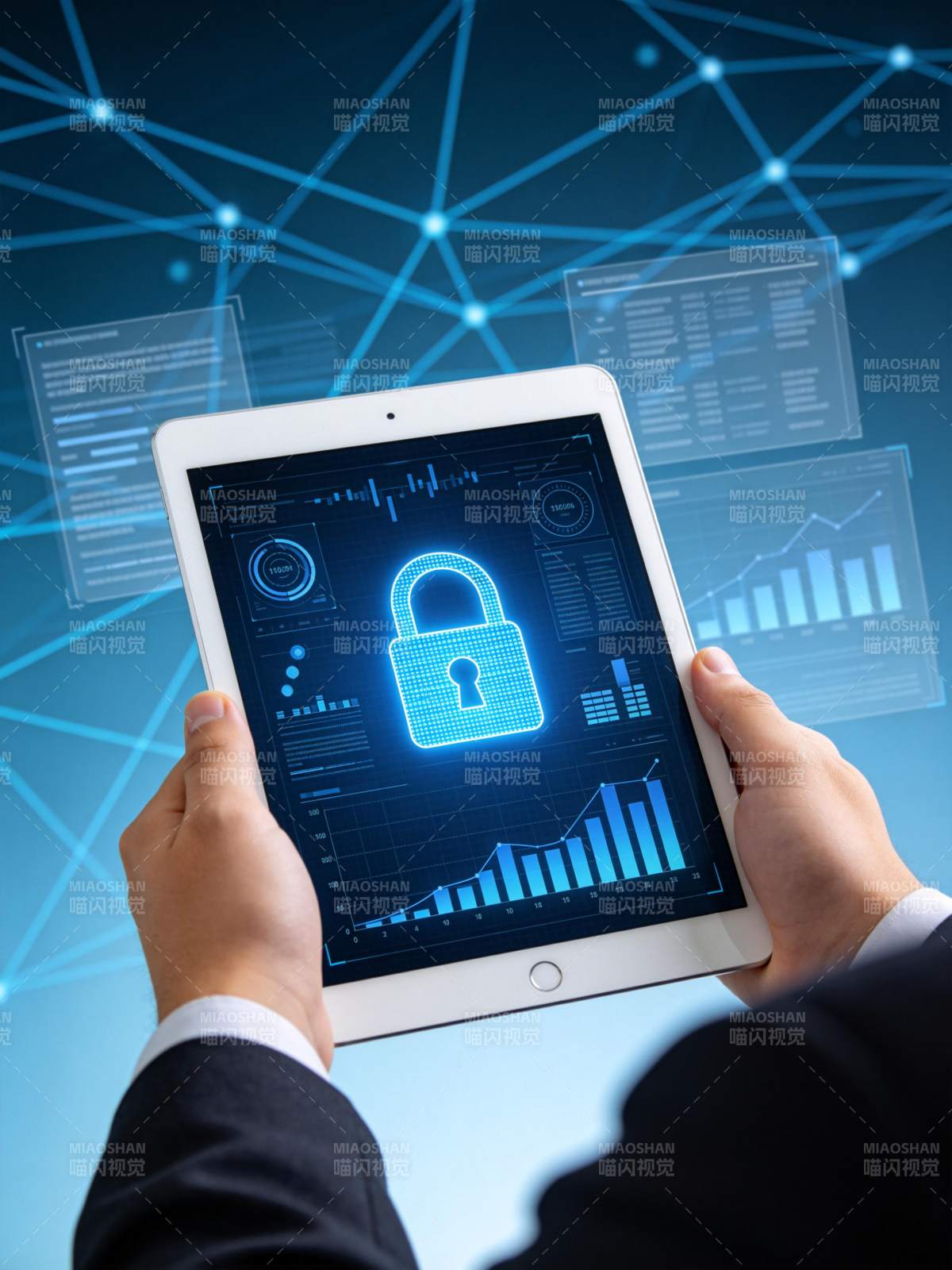 手持平板显示数字安全锁与数据图表界面图片