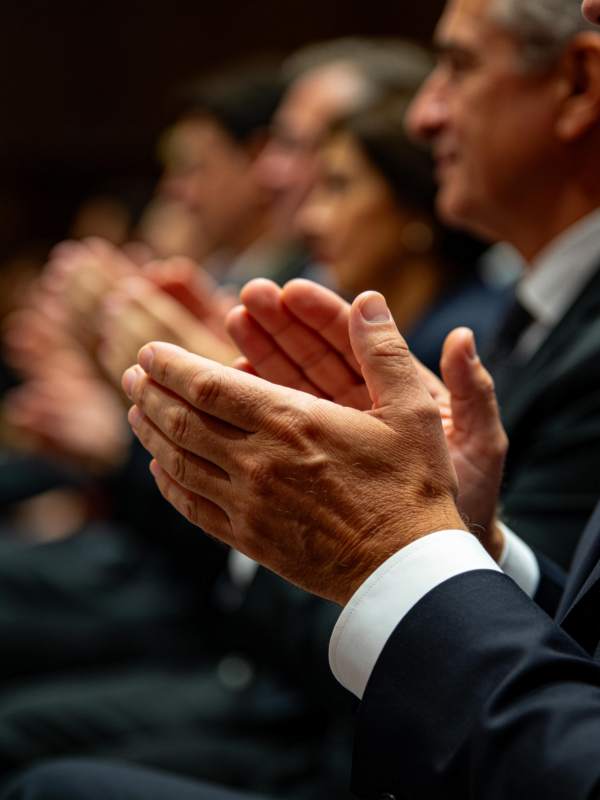 多人身着正装鼓掌场景特写图片