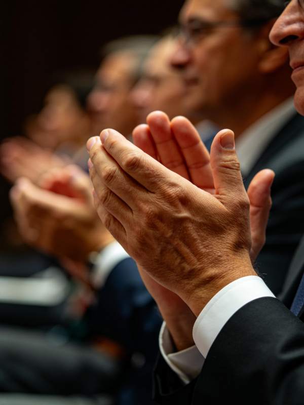 多人身着正装鼓掌场景特写图片