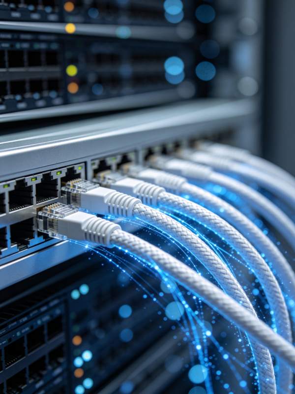 服务器机柜中多根网线接入交换机端口图片