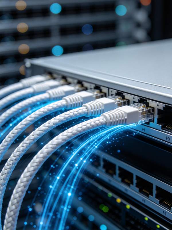 服务器机柜连接多根网线传输蓝色光效数据流图片
