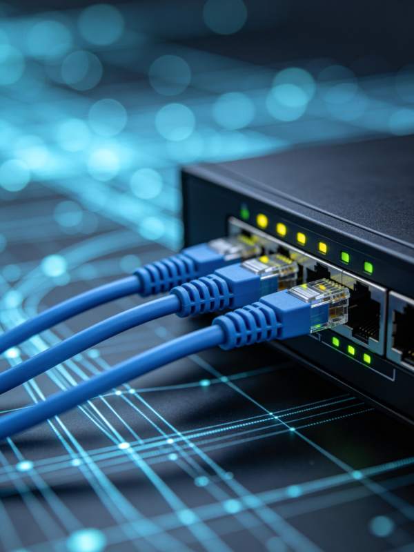 蓝色网线接入网络交换机设备特写图片