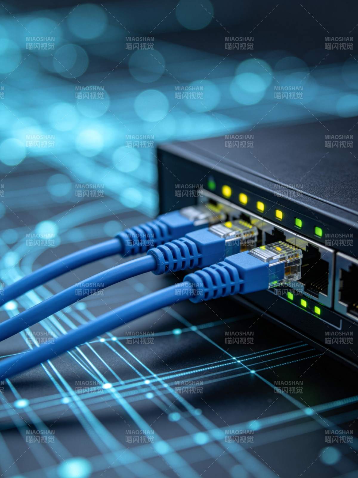 蓝色网线接入网络交换机设备特写图片