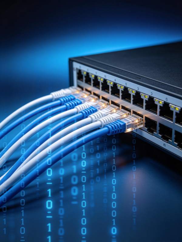 网络交换机连接多根网线传输数据信号图片
