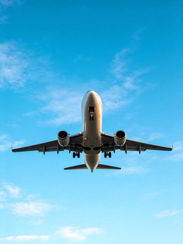 客机从正下方视角飞越蓝天背景图片