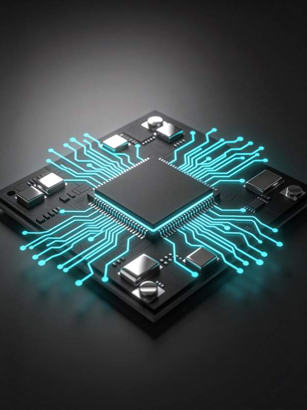 发光蓝色电路板上的中央处理器芯片特写图片