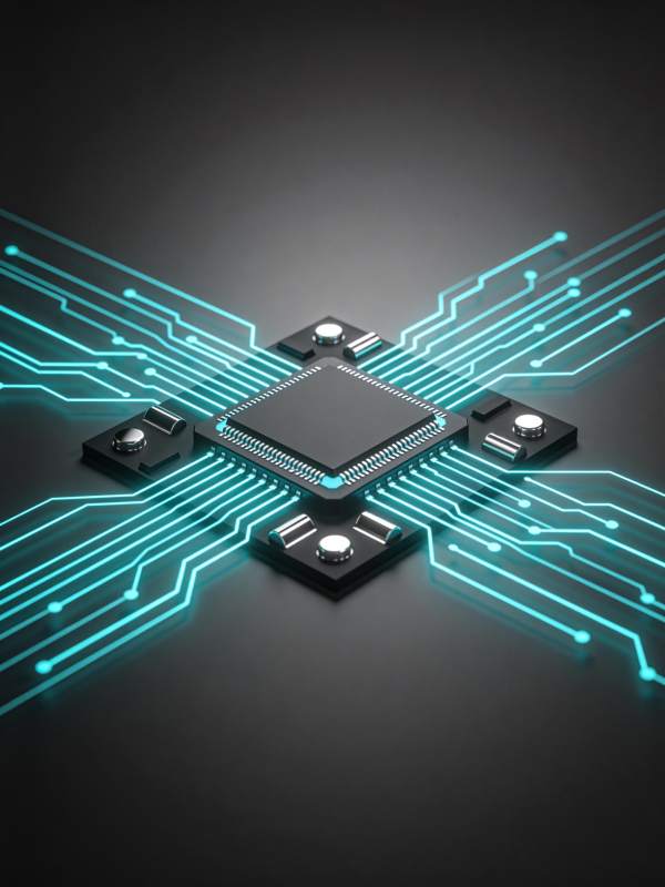 发光电路板上的中央处理器芯片特写图片