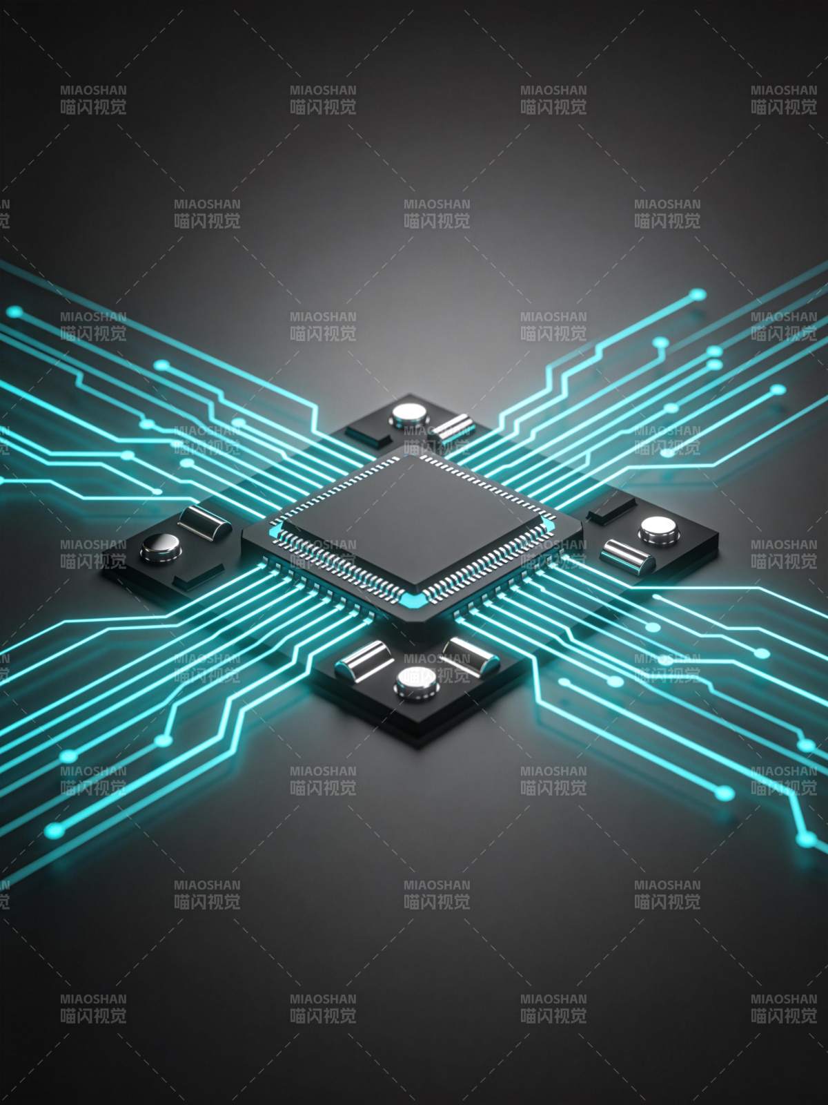 发光电路板上的中央处理器芯片特写图片