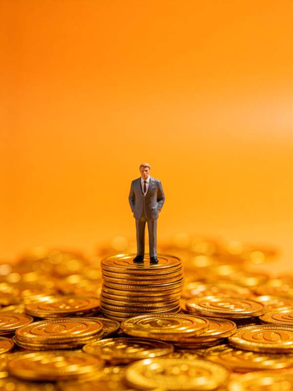 微型商人模型立于金币堆顶端图片