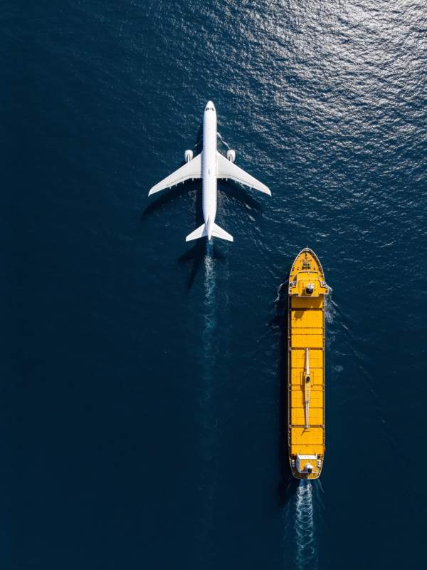 空中俯瞰飞机与货轮并行航行于深蓝海面图片