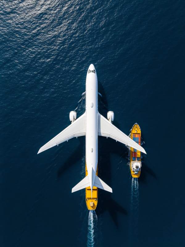白色客机与黄色货轮在深蓝海面并行航行图片
